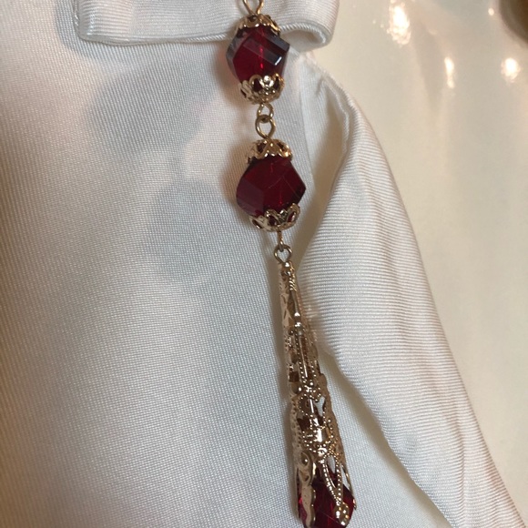 Multi tier layered long necklace chain, red beads, gold dress jewellery, - Picture 5 of 5